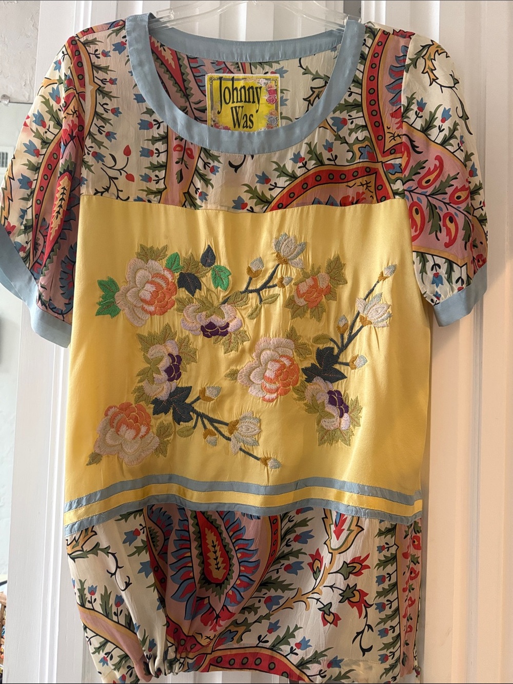 Johnny Was Yellow Label Floral Silk shirt with Pale Blue Trim